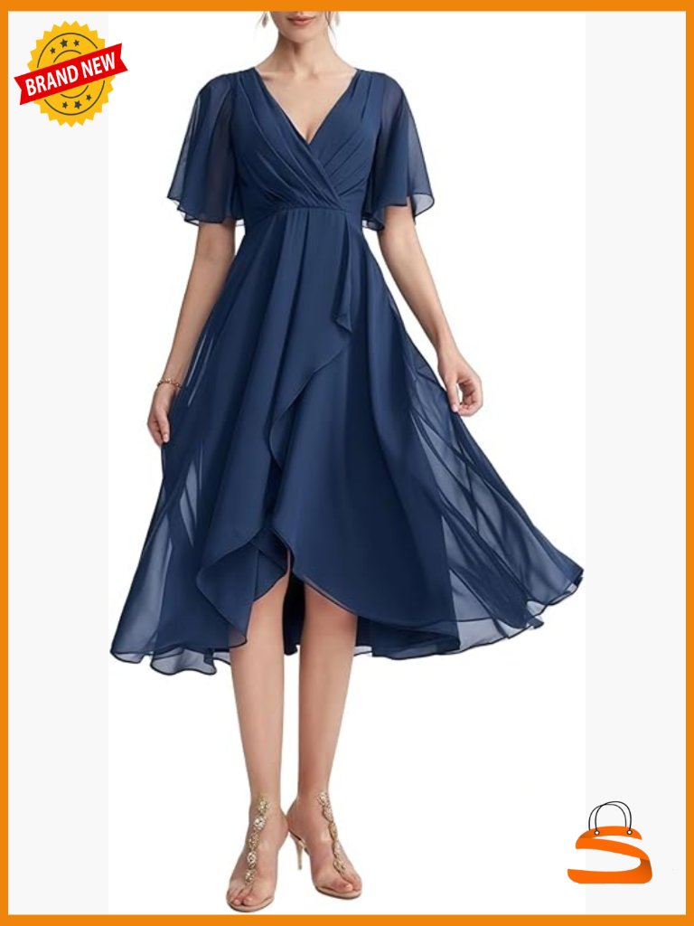 Wrap V Neck Flutter Sleeve Chiffon Cocktail Midi Dress